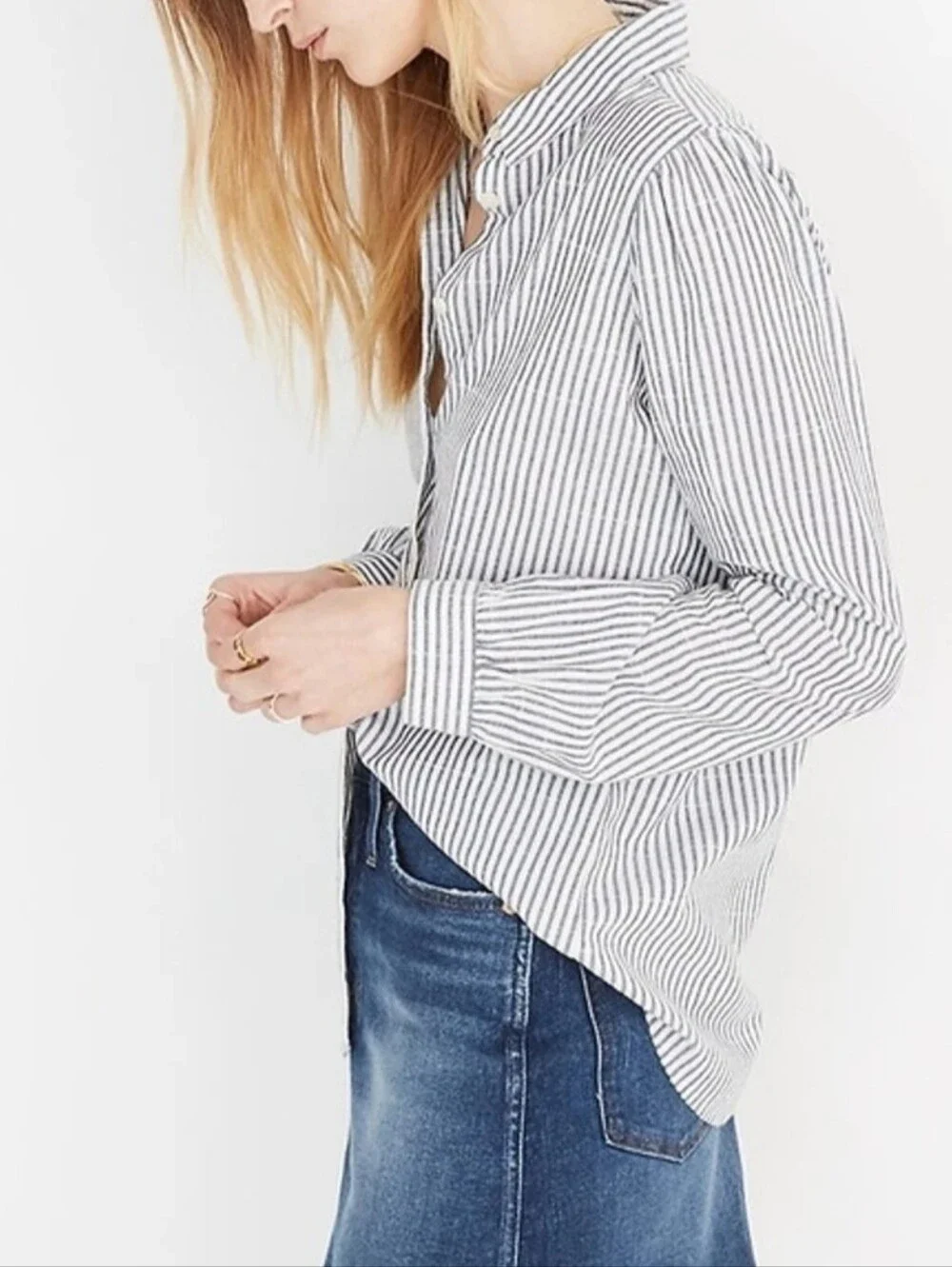 Madewell Puff-Sleeve Button-Down Shirt Grey & White Stripped Sz M